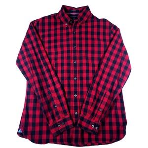 Lands End Mens Red Black Buffalo Plaid Button Down Shirt Long Sleeve Oxford M